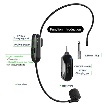 Black wireless lavalier microphone with flexible headband and type-c receiver for podcast recording studio streaming laptop