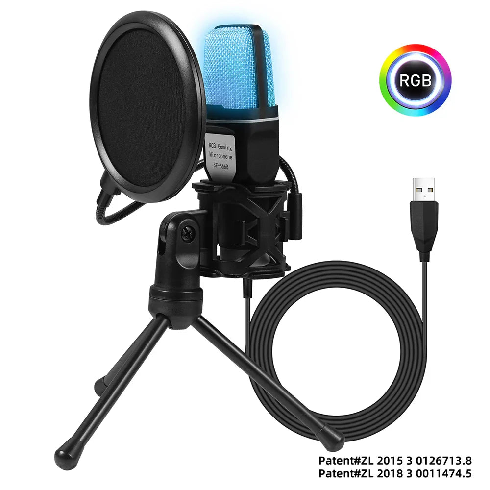Black rgb wireless lavalier microphone with blue-lit mesh grille and pop filter on tripod for podcast recording studio streaming laptop
