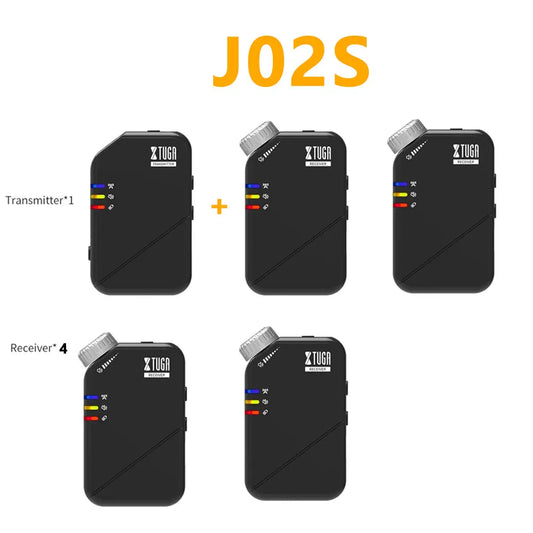 Black x-tuga j02s wireless iem transmitter and receiver set with silver metallic tops for professional ear monitor use
