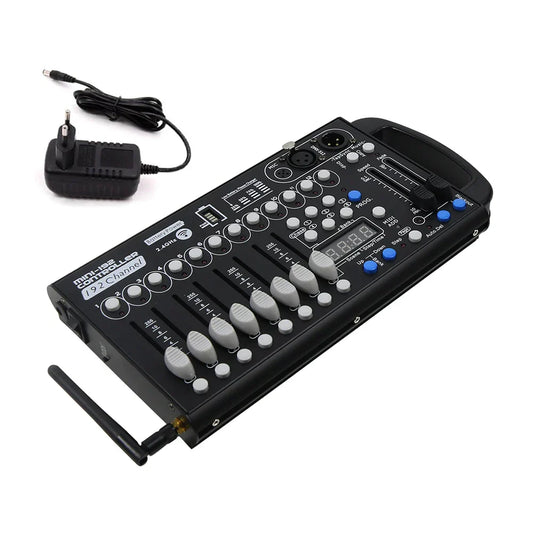 Black 192-channel mini dj mixer controller battery powered with gray knobs blue buttons wireless for led par moving use