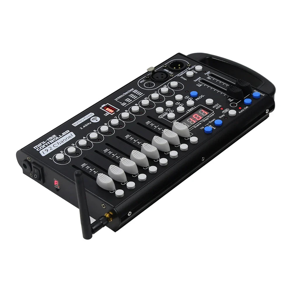 Black 192-channel 2.4G wireless audio mixer with gray knobs and blue buttons for powered DJ equipment and led par moving control