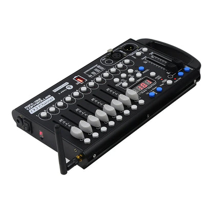 Black 192-channel 2.4G wireless audio mixer with gray knobs and blue buttons for powered DJ equipment and led par moving control