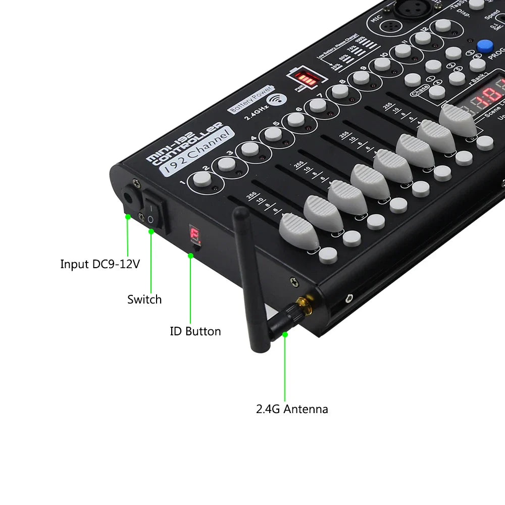Black 192-channel mini usb controller battery powered with gray knobs and 2.4g antenna for led par moving dj equipment