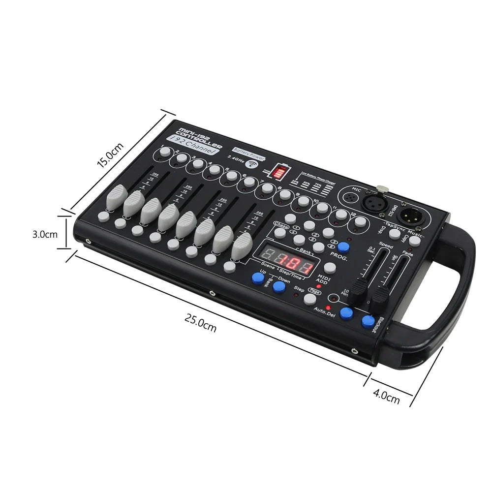Black mini usb audio mixer with gray knobs digital display and ports for controller battery powered dj equipment led par moving