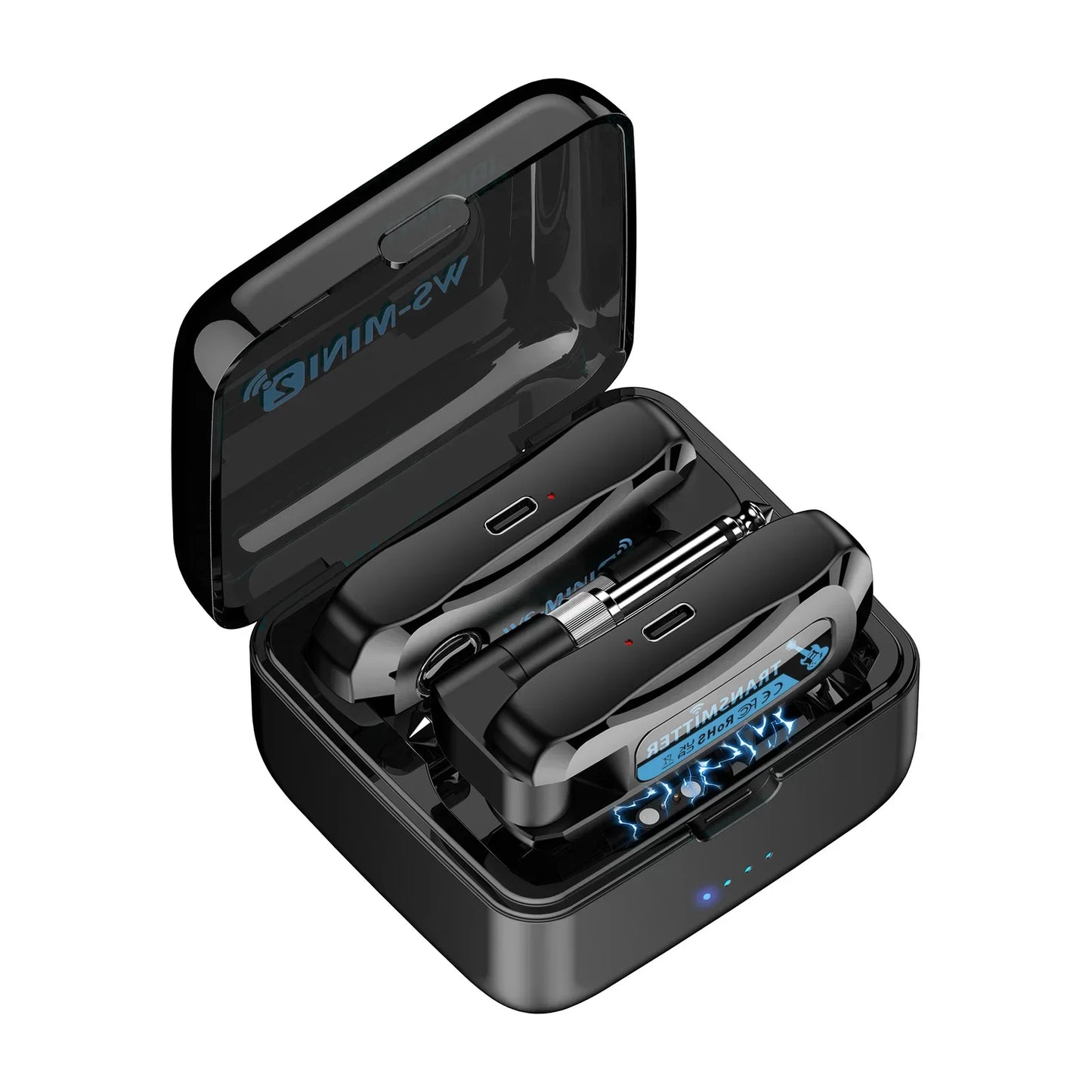 Black mini-sw wireless earbuds in glossy charging compartment audio case with blue led for rechargeable portable transmitter wireless guitar system
