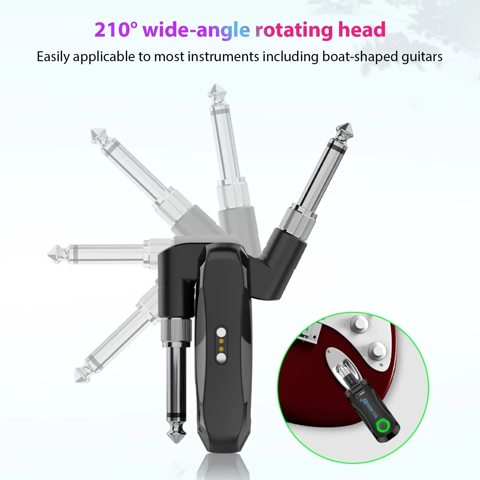 Black wireless guitar system with 210° rotating head, silver-plated jacks, and rechargeable portable transmitter charging compartment audio