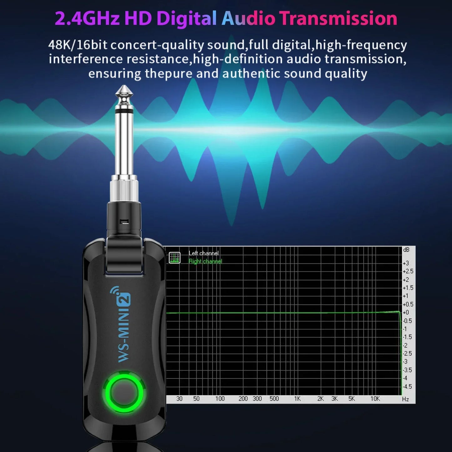 Black ws-mini2 wireless guitar rechargeable portable transmitter with silver 6.35mm jack and charging compartment audio system