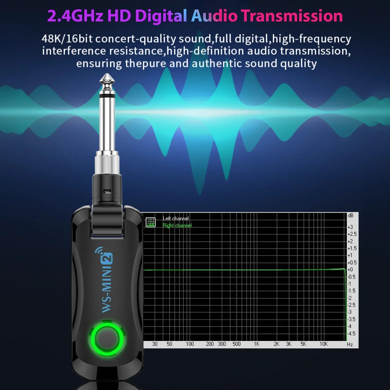 Black ws-mini2 wireless guitar rechargeable portable transmitter with silver 6.35mm jack and charging compartment audio system