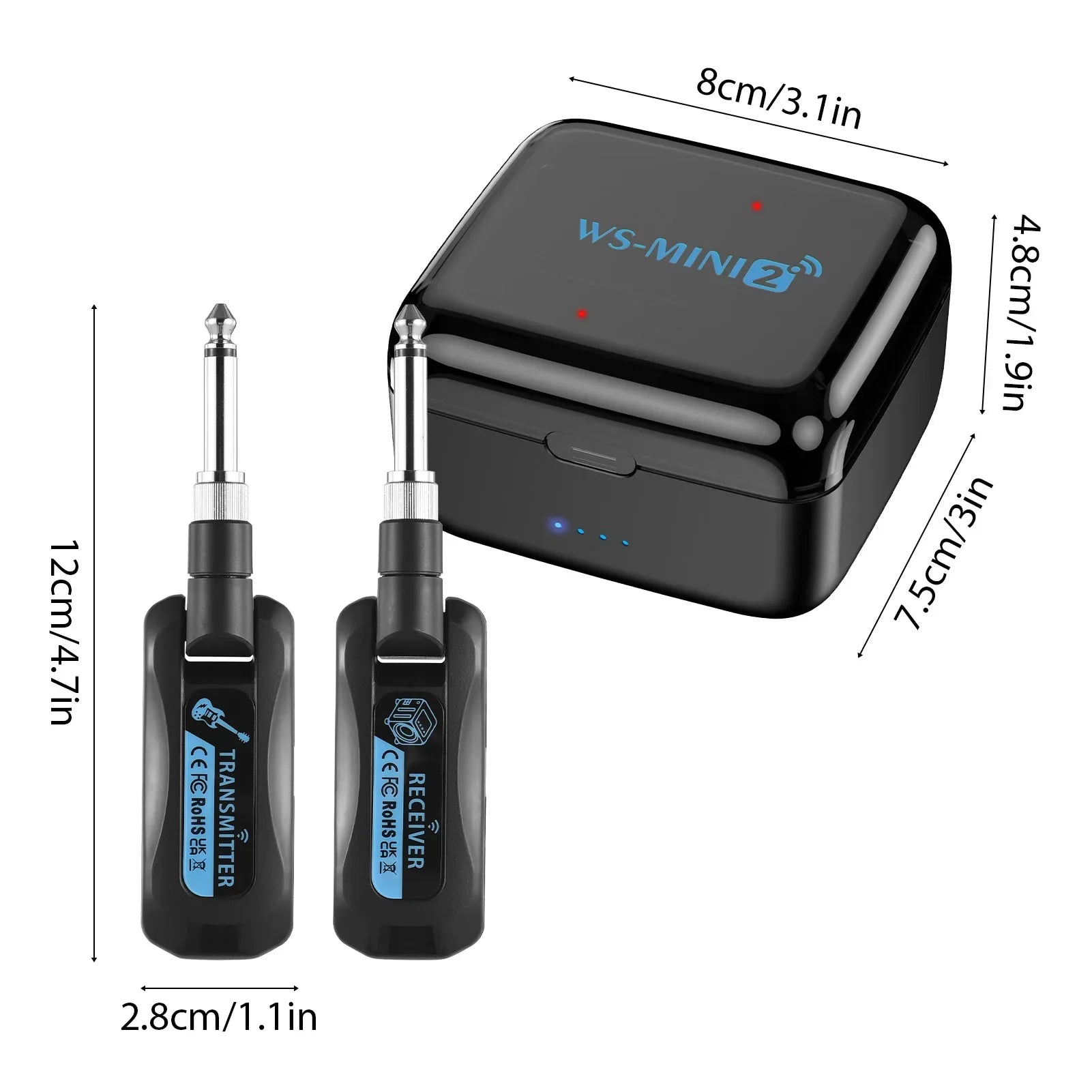 Black ws-mini2 rechargeable portable wireless guitar transmitter and receiver set with silver jacks in charging compartment audio case