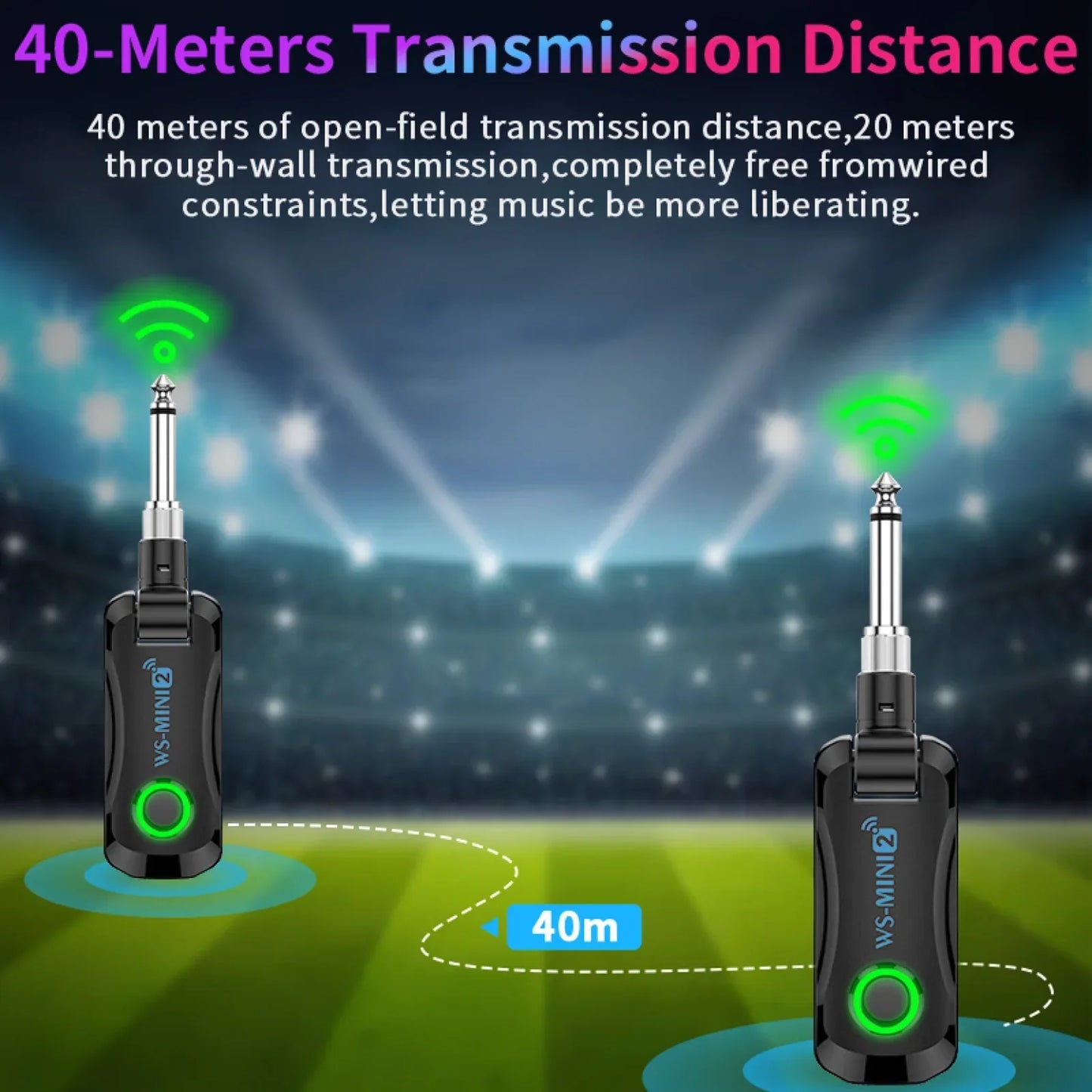 Black ws-mini2 wireless guitar rechargeable portable transmitter with silver metal plug and green led in charging compartment audio system