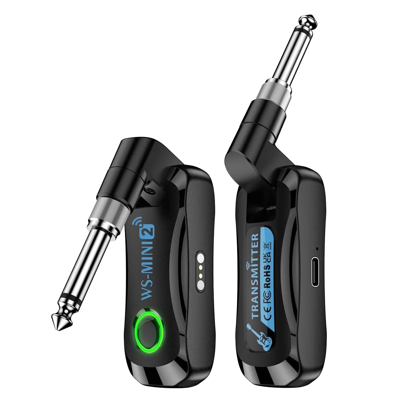 Black ws-mini2 wireless guitar rechargeable portable transmitter receiver set with metallic connectors and charging compartment audio