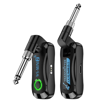 Black ws-mini2 wireless guitar rechargeable portable transmitter receiver set with metallic connectors and charging compartment audio