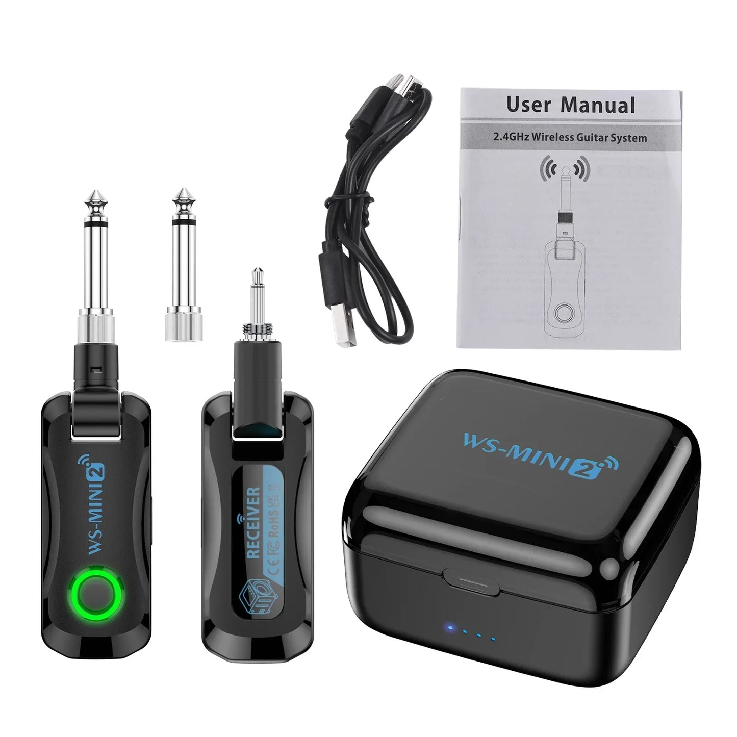 Black ws-mini2 wireless guitar system with rechargeable portable transmitter receiver and charging compartment audio set
