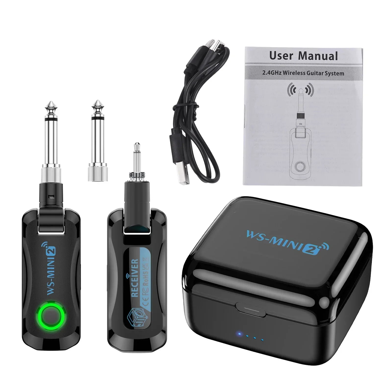 Black ws-mini2 wireless guitar system with rechargeable portable transmitter receiver and charging compartment audio set