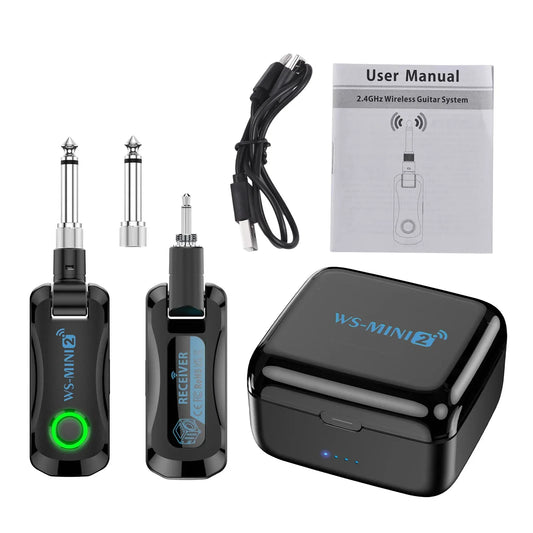Black ws-mini2 wireless guitar system with rechargeable portable transmitter receiver and charging compartment audio set