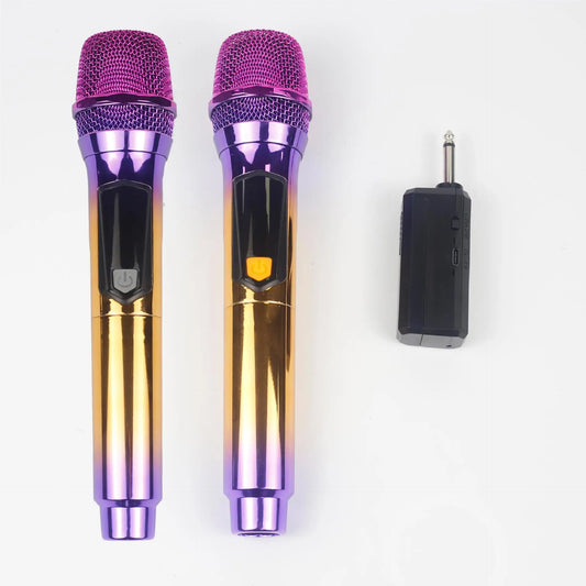 Two vibrant gradient 2.4g wireless handheld microphones with purple and gold finishes for karaoke use