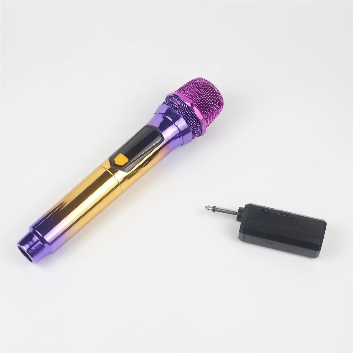 A vibrant purple and gold metallic 2.4G wireless handheld microphone with mesh grille for karaoke use from beat music store