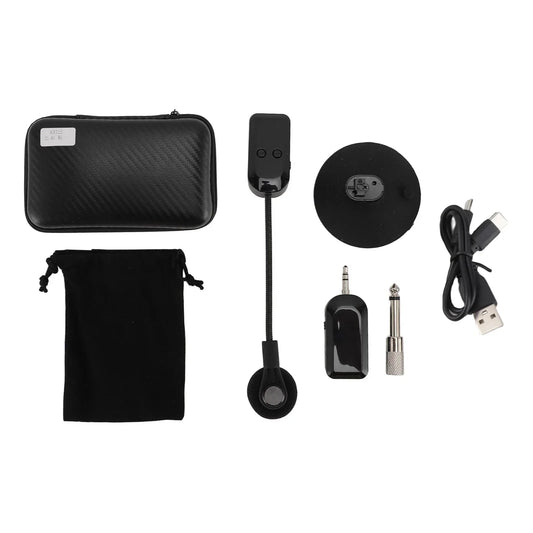 Black wireless instrument microphone system with usb charging cable and carbon fiber case for violin accordion cello lute stage performance