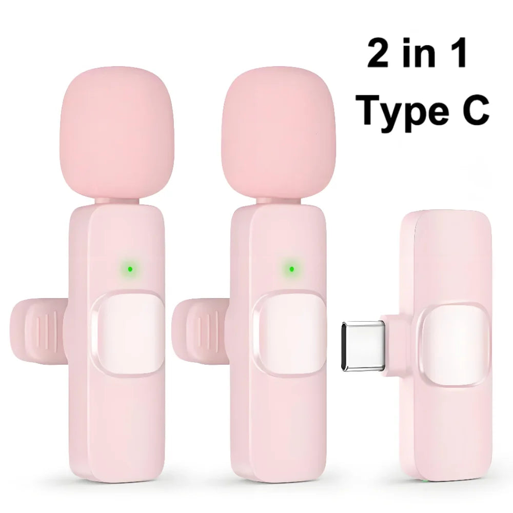 Pink 2-in-1 type-c wireless lavalier microphone transmitter with silicone grip and green power light for iphone android live broadcast gaming