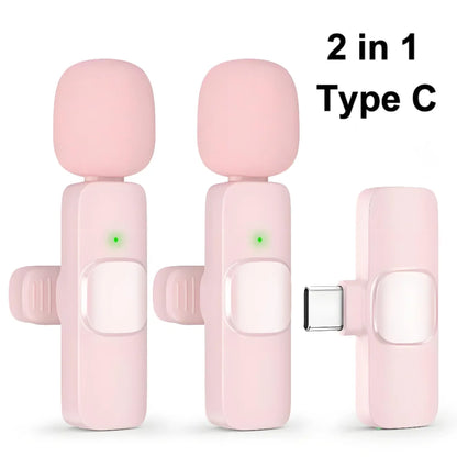 Pink 2-in-1 type-c wireless lavalier microphone transmitter with silicone grip and green power light for iphone android live broadcast gaming