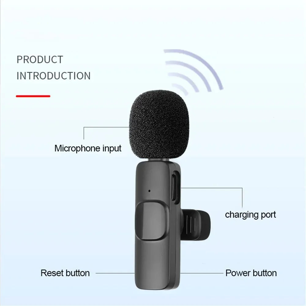 Black wireless lavalier microphone with fuzzy foam windscreen and metallic body for iphone android live broadcast gaming