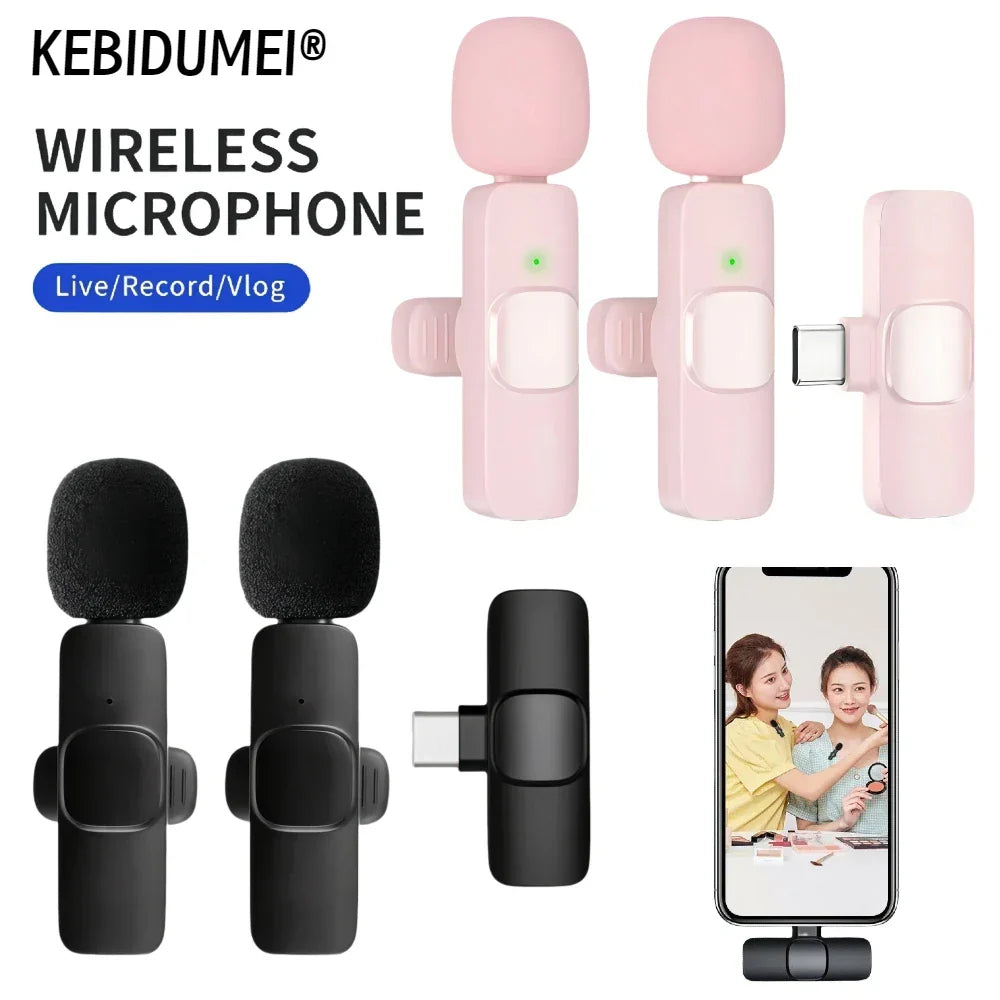 Pink and black wireless lavalier microphone clips with usb-c connectors for iphone android live broadcast gaming use