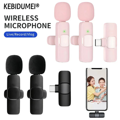 Pink and black wireless lavalier microphone clips with usb-c connectors for iphone android live broadcast gaming use