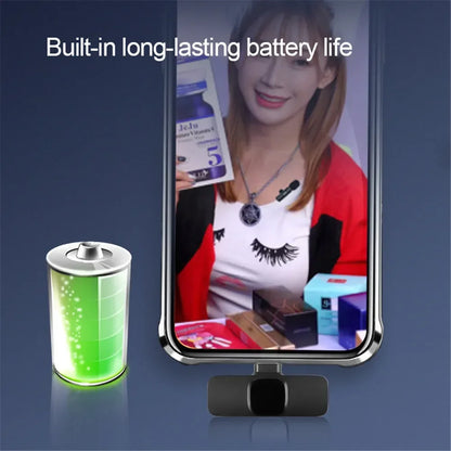 Silver-framed sleek smartphone with glossy finish showcased with 2.4g wireless lavalier microphone for iphone android live broadcast gaming