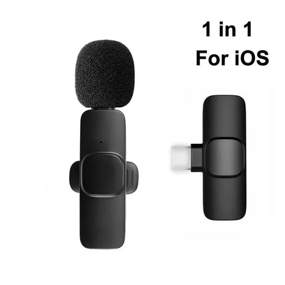 Black wireless lavalier microphone with foam windscreen and usb-c port for ios devices noise cancelling live broadcast gaming