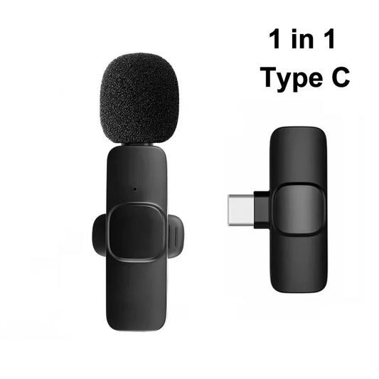 Black wireless lavalier microphone with type-c connector and foam windscreen for microphone noise cancelling and live broadcast gaming