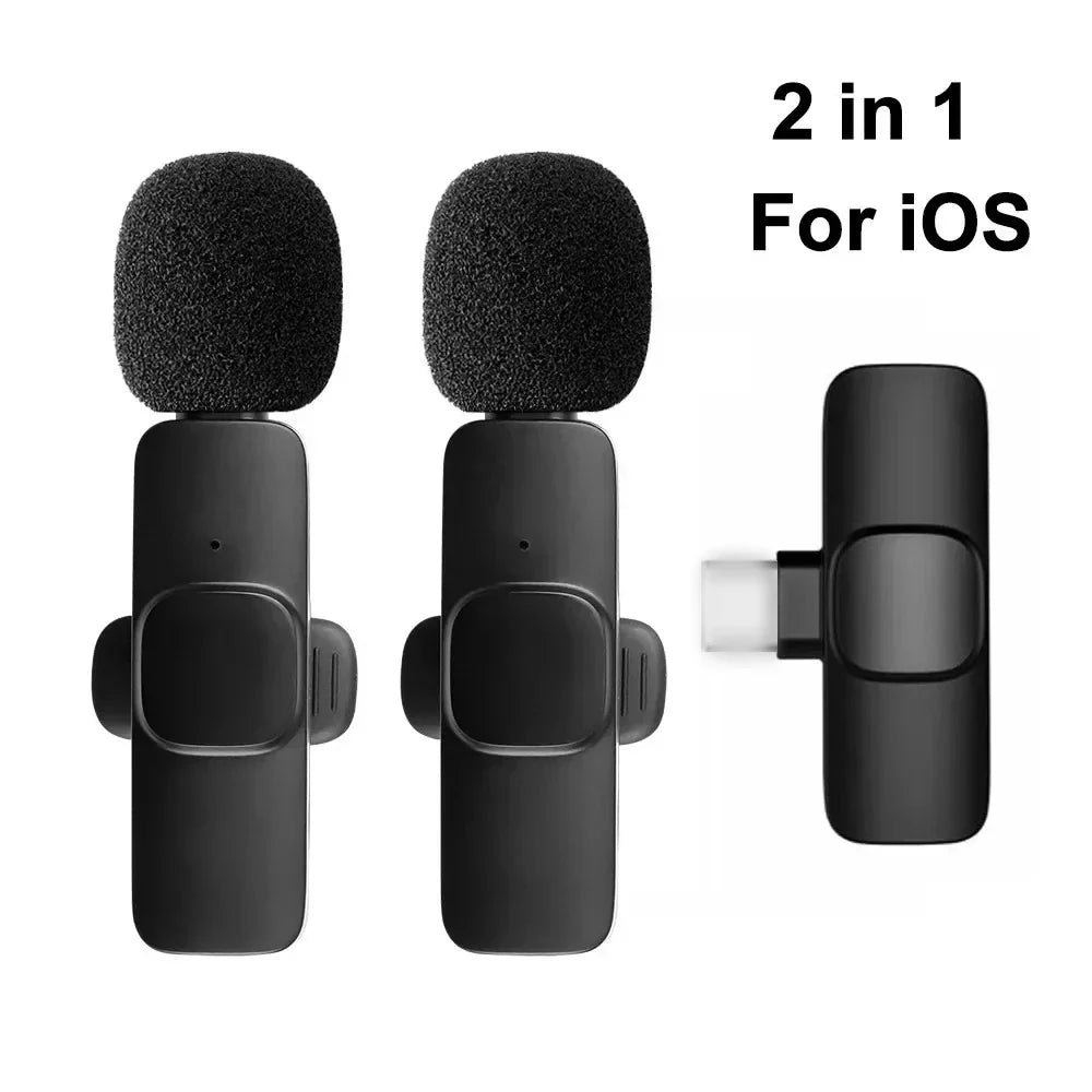 Black wireless lavalier microphones with foam windshields and usb-c receiver for microphone noise cancelling and live broadcast gaming