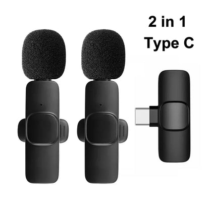 Black 2-in-1 wireless lavalier microphone with type-c charging and foam windshields for microphone noise cancelling live broadcast gaming