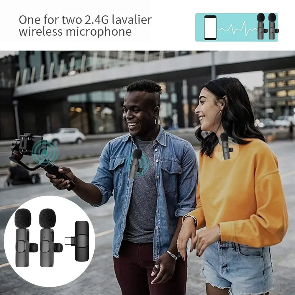 Black 2.4g wireless lavalier microphone with foam windscreen and usb charging port for live broadcast gaming and noise cancelling