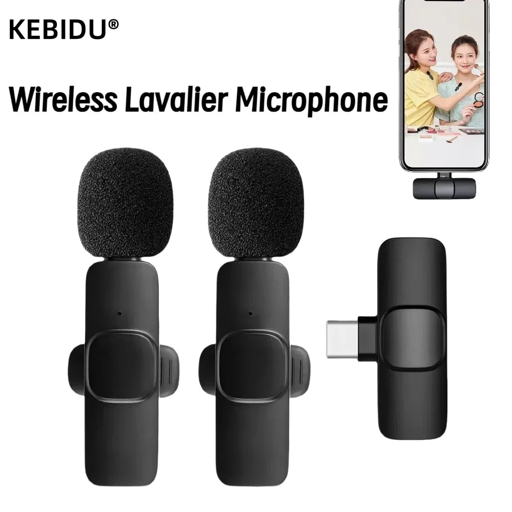 Black wireless lavalier microphone with foam windscreen and usb-c receiver for microphone noise cancelling live broadcast gaming