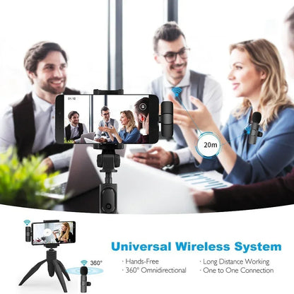 Black universal wireless smartphone tripod with microphone noise cancelling wireless lavalier microphone for live broadcast gaming