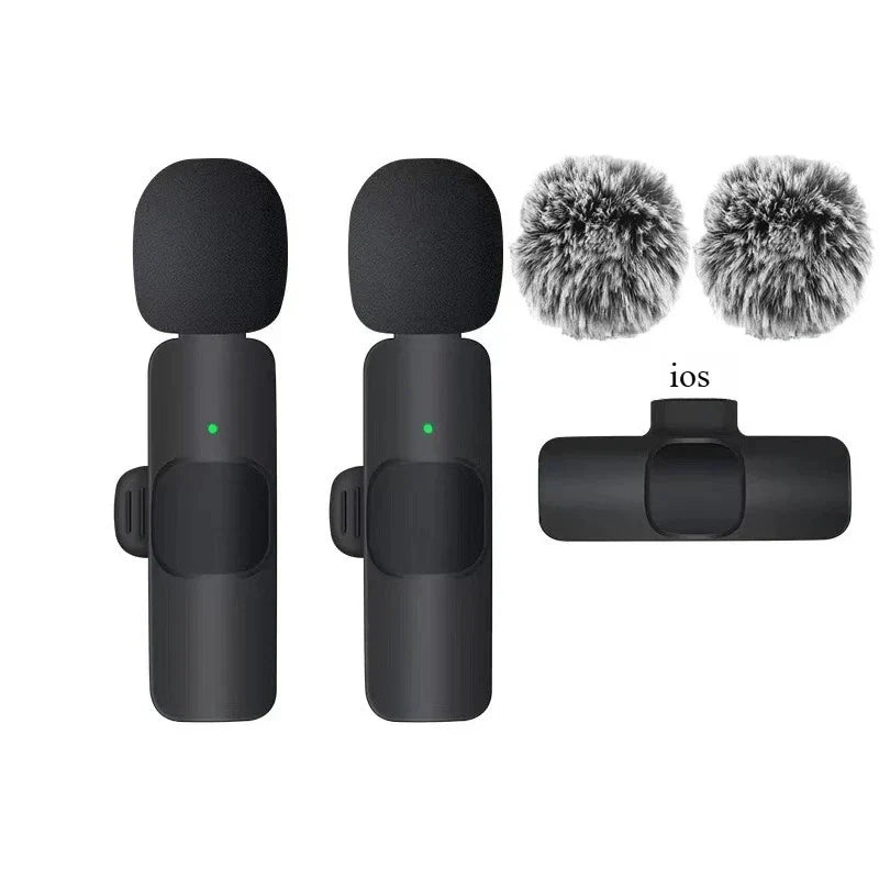 Black wireless lavalier microphone with green indicator lights and high density windproof furry gray covers for mobile use