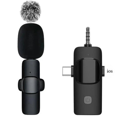 Black wireless lavalier microphone with high density windproof fuzzy windscreen and usb-c charging port for live broadcast