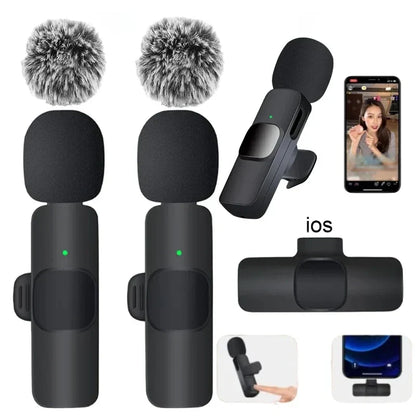 Black wireless lavalier microphone with furry high density windproof windscreen and clip for portable audio video recording