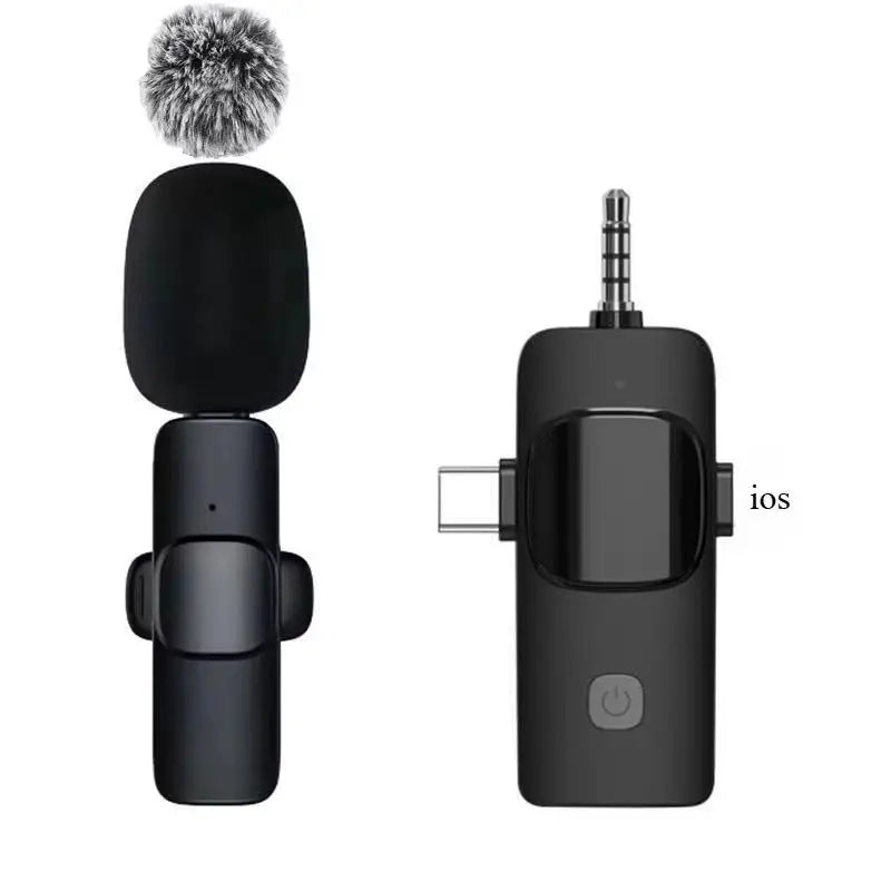 Black wireless lavalier microphone with high density windproof fuzzy windscreen and usb-c charging port for live broadcast