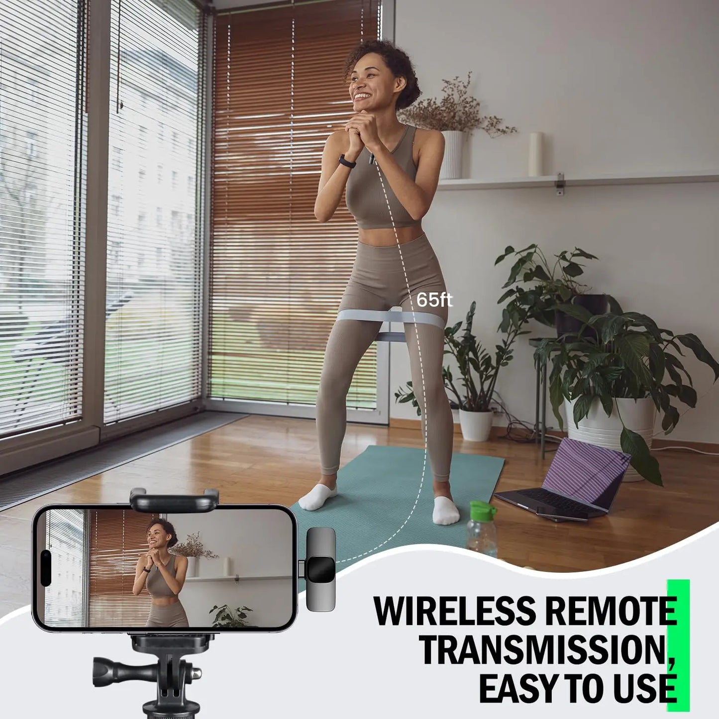 Gray elastic resistance band around woman’s thighs with 2.4g wireless lavalier microphone for portable recording