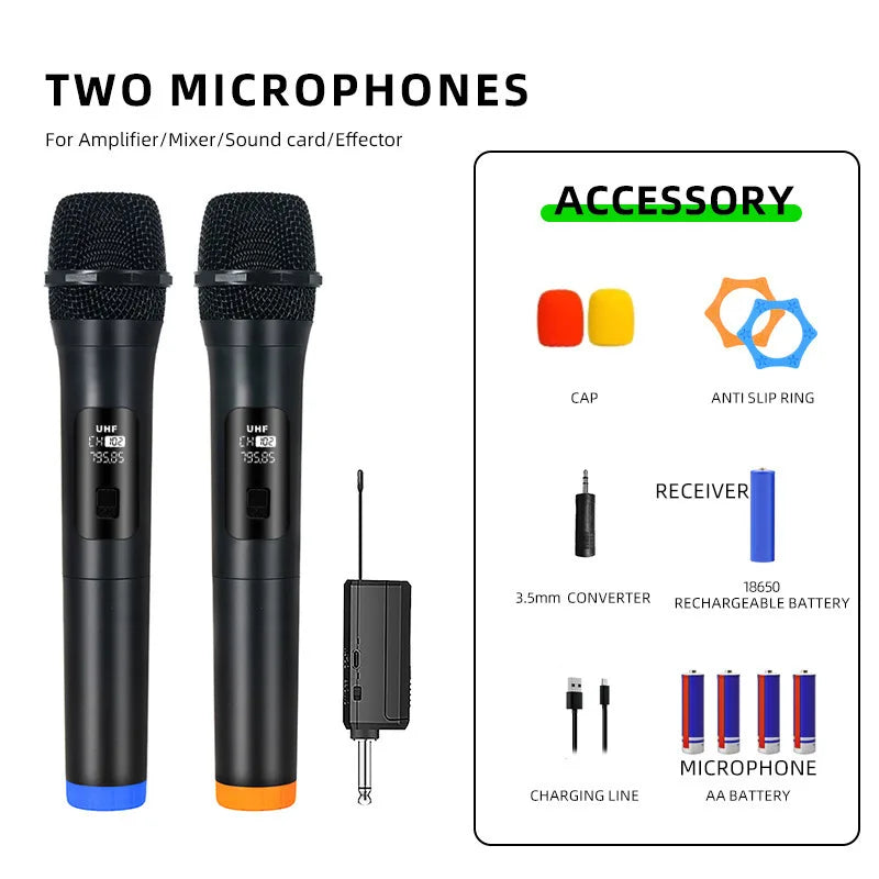 Black wireless microphone uhf with textured mesh grille and blue and orange bases for party karaoke professional use