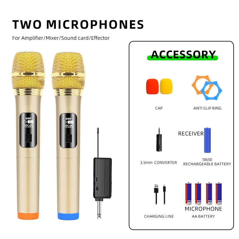 Gold-colored wireless microphone uhf handheld mics with mesh grilles and black control panels for party karaoke professional use