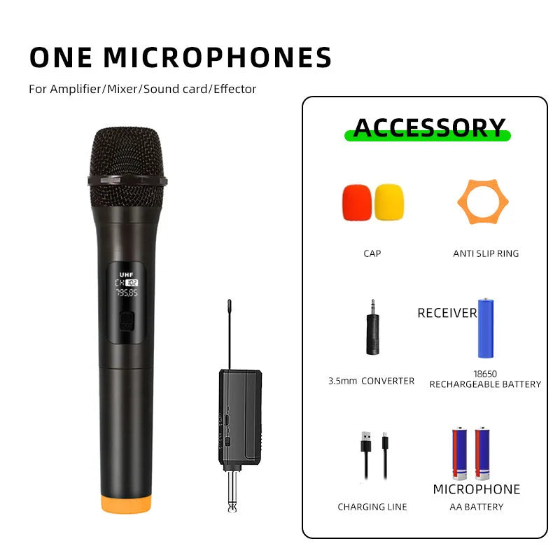 Black wireless microphone uhf with textured grille and orange base from unf for party karaoke professional use