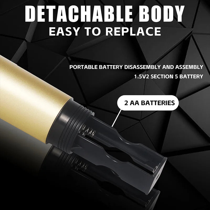 Gold-colored cylindrical portable battery with black detachable body for easy replacement with two aa batteries in wireless microphone uhf for party karaoke professional church use