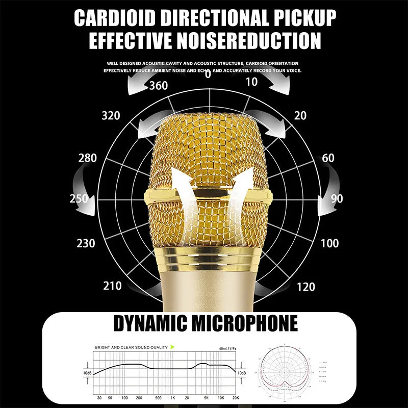 Gold-colored dynamic wireless microphone uhf with mesh grille and metallic finish for party karaoke professional use