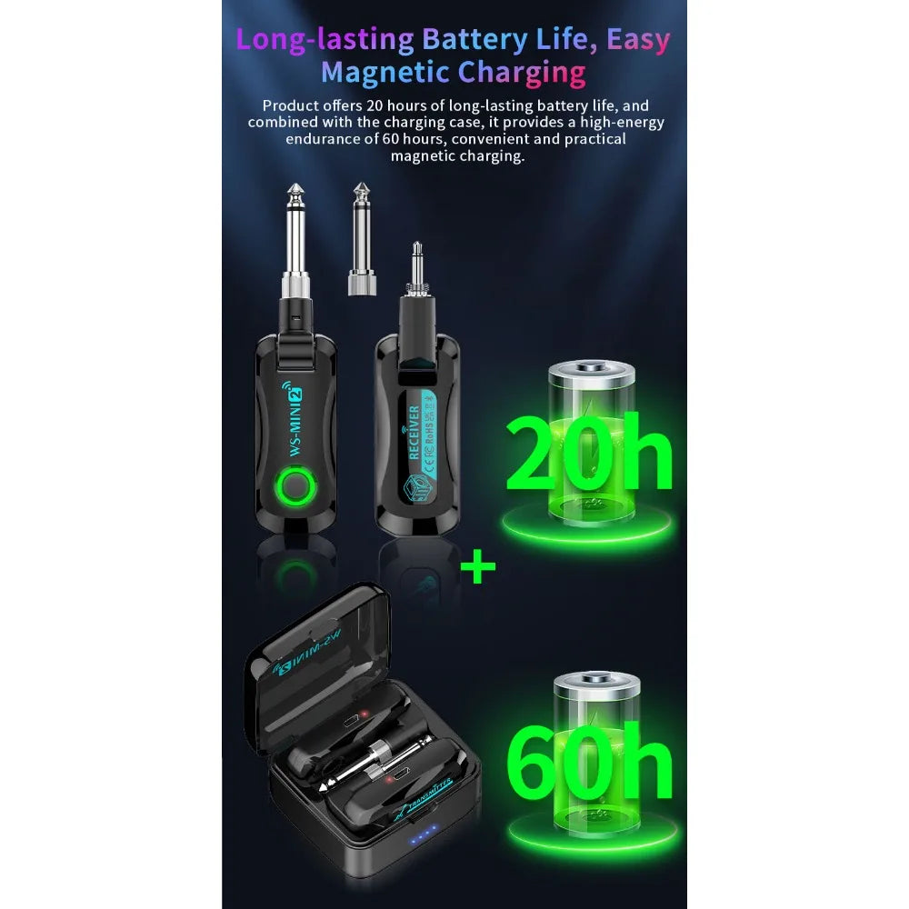 Black wireless guitar transmitter and charging case set with green accents for mini wireless guitar bass electric use