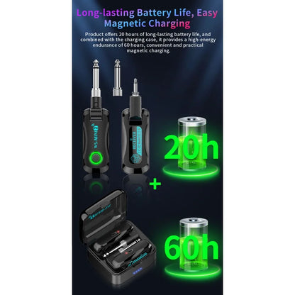 Black wireless guitar transmitter and charging case set with green accents for mini wireless guitar bass electric use