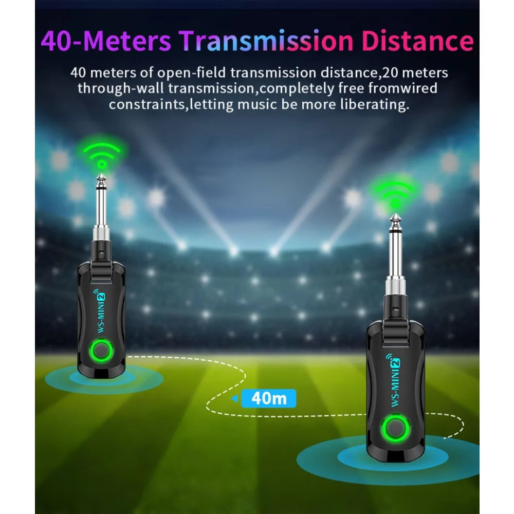 Black ws-mini2 2.4ghz mini wireless guitar transmitter with green glowing button and silver input jack for guitar bass electric instruments
