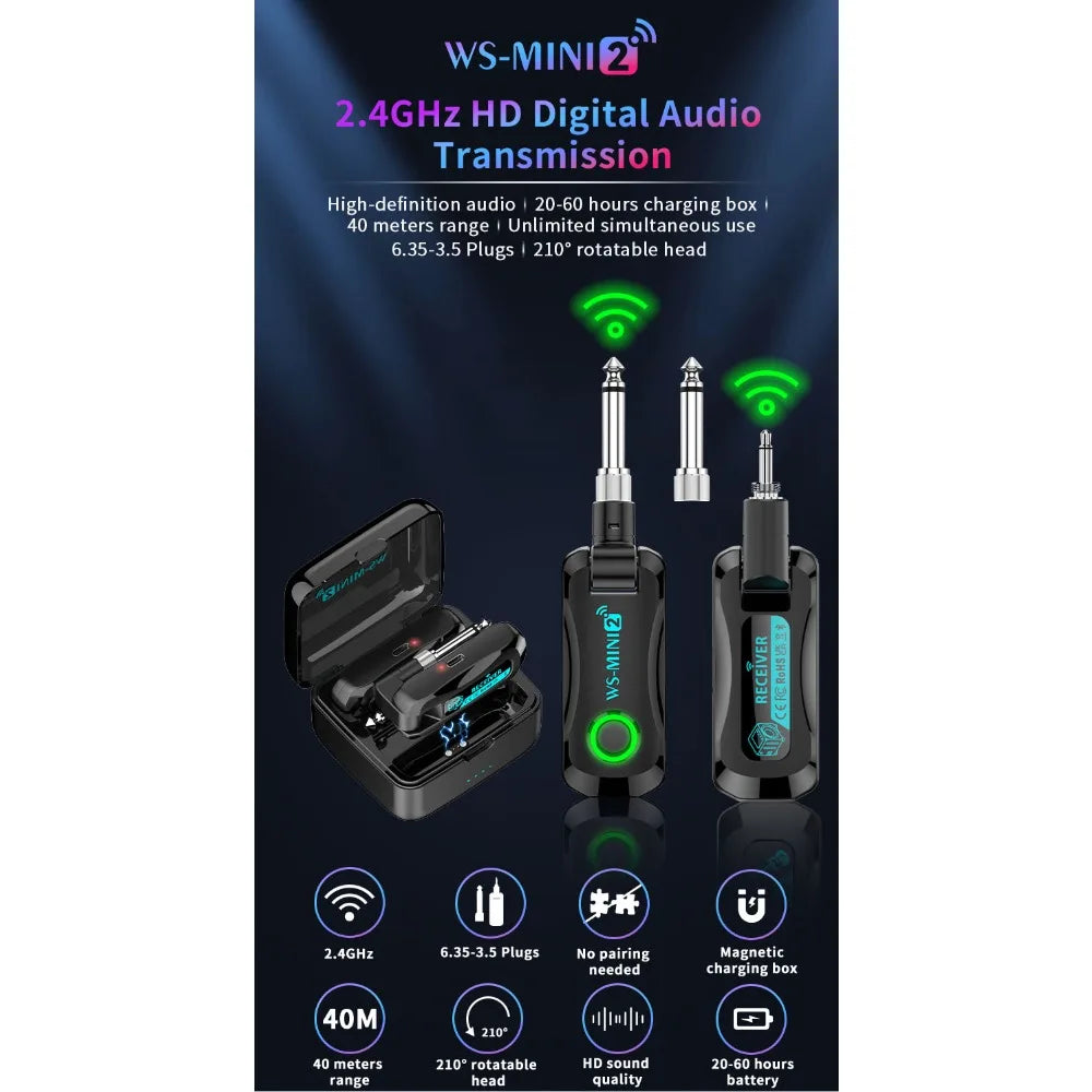 Black ws-mini2 wireless guitar transmitter and receiver set with green led accents for guitar bass electric use