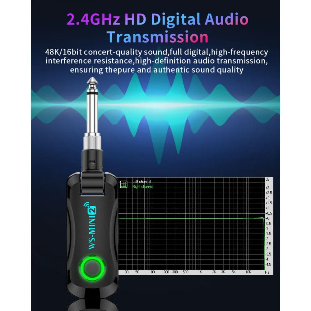 Black ws-mini2 wireless guitar transmitter with silver 6.35mm jack and green glowing button for guitar bass electric use